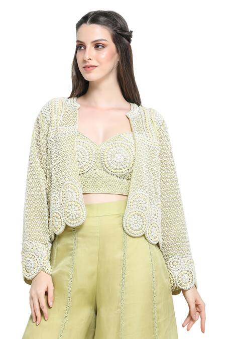 Shop Shruti Sancheti Green Organza, Linen Pearls, Embroidery Round Neck, Jaal Jacket Palazzo Set Online at Aza Fashions Shop_Shruti Sancheti_Green Organza, Linen Pearls, Embroidery Round Neck, Jaal Jacket Palazzo Set _Online_at_Aza_Fashions