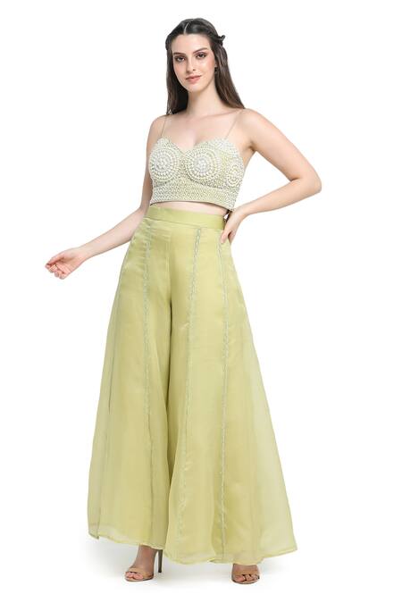 Shruti Sancheti Green Organza, Linen Pearls, Embroidery Round Neck, Jaal Jacket Palazzo Set at Aza Fashions Shruti Sancheti_Green Organza, Linen Pearls, Embroidery Round Neck, Jaal Jacket Palazzo Set _at_Aza_Fashions