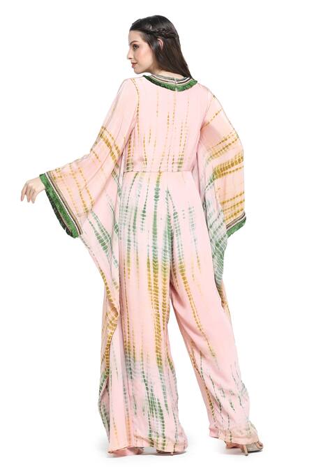 Shop Shruti Sancheti Pink Viscose, Crepe, Linen Sequins Shibori Tie Dye Batwing Sleeves Jumpsuit at Aza Fashions Shop_Shruti Sancheti_Pink Viscose, Crepe, Linen Sequins Shibori Tie Dye Batwing Sleeves Jumpsuit _at_Aza_Fashions