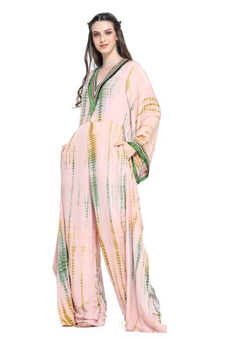 Buy Shruti Sancheti Pink Viscose, Crepe, Linen Sequins Shibori Tie Dye Batwing Sleeves Jumpsuit Online at Aza Fashions Buy_Shruti Sancheti_Pink Viscose, Crepe, Linen Sequins Shibori Tie Dye Batwing Sleeves Jumpsuit _Online_at_Aza_Fashions
