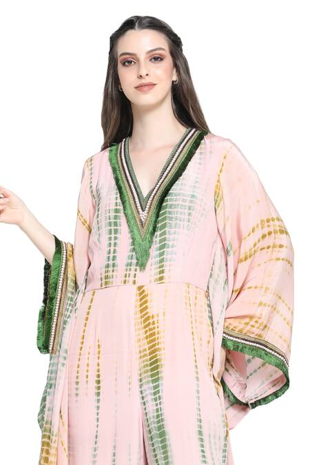 Shop Shruti Sancheti Pink Viscose, Crepe, Linen Sequins Shibori Tie Dye Batwing Sleeves Jumpsuit Online at Aza Fashions Shop_Shruti Sancheti_Pink Viscose, Crepe, Linen Sequins Shibori Tie Dye Batwing Sleeves Jumpsuit _Online_at_Aza_Fashions