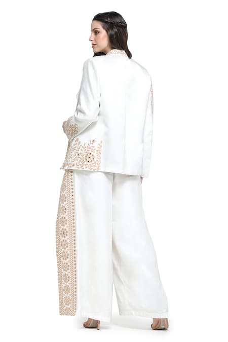 Shop Shruti Sancheti White Silk Embroidery, Mirrors Round Baroque Bloom Blazer Jacket Palazzo Set at Aza Fashions Shop_Shruti Sancheti_White Silk Embroidery, Mirrors Round Baroque Bloom Blazer Jacket Palazzo Set _at_Aza_Fashions