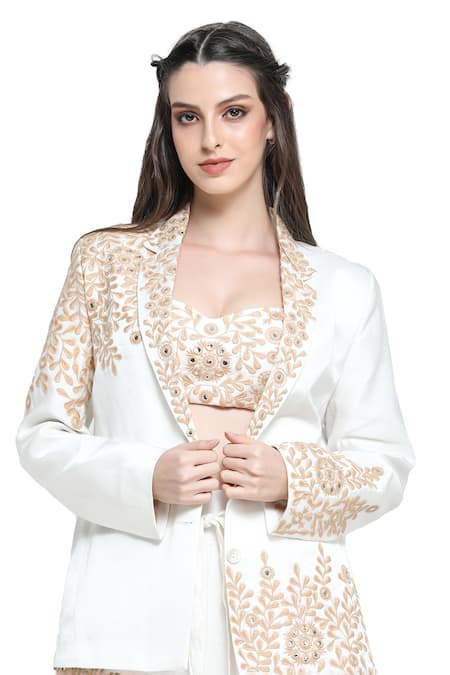 Shruti Sancheti White Silk Embroidery, Mirrors Round Baroque Bloom Blazer Jacket Palazzo Set Online at Aza Fashions Shruti Sancheti_White Silk Embroidery, Mirrors Round Baroque Bloom Blazer Jacket Palazzo Set _Online_at_Aza_Fashions