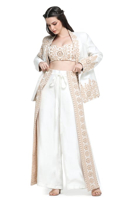 Buy Shruti Sancheti White Silk Embroidery, Mirrors Round Baroque Bloom Blazer Jacket Palazzo Set Online at Aza Fashions Buy_Shruti Sancheti_White Silk Embroidery, Mirrors Round Baroque Bloom Blazer Jacket Palazzo Set _Online_at_Aza_Fashions