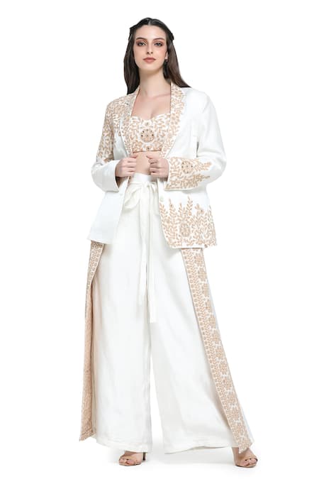 Buy Shruti Sancheti White Silk Embroidery, Mirrors Round Baroque Bloom Blazer Jacket Palazzo Set Buy_Shruti Sancheti_White Silk Embroidery, Mirrors Round Baroque Bloom Blazer Jacket Palazzo Set