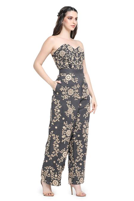 Shop Shruti Sancheti Black Viscose, Twill Mirrors, Embroidery Plumeria Corset Top With Pant Online at Aza Fashions Shop_Shruti Sancheti_Black Viscose, Twill Mirrors, Embroidery Plumeria Corset Top With Pant _Online_at_Aza_Fashions