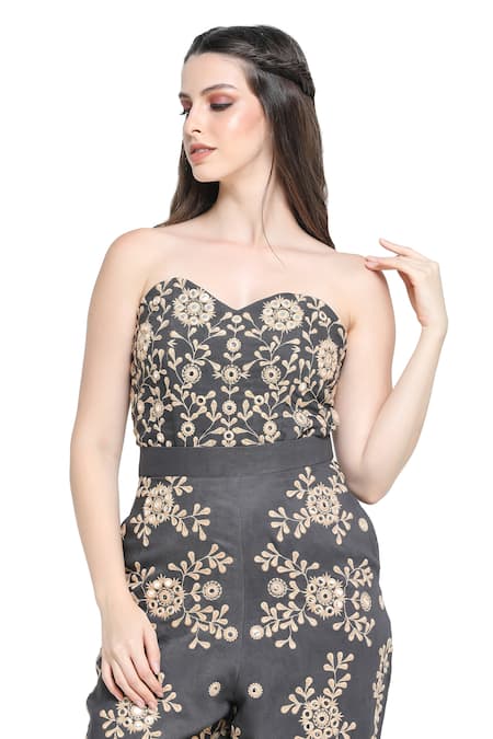 Shruti Sancheti Black Viscose, Twill Mirrors, Embroidery Plumeria Corset Top With Pant at Aza Fashions Shruti Sancheti_Black Viscose, Twill Mirrors, Embroidery Plumeria Corset Top With Pant _at_Aza_Fashions