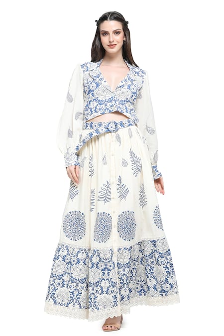 Shruti Sancheti White Handloom Cotton Print Acanthus Lapel Collar Crop Top Skirt Set 
