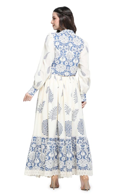 Shop_Shruti Sancheti_White Handloom Cotton, Linen Lace Acanthus Print Lapel Crop Top Skirt Set _at_Aza_Fashions