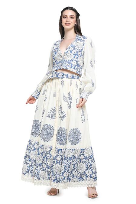 Shruti Sancheti_White Handloom Cotton, Linen Lace Acanthus Print Lapel Crop Top Skirt Set _Online_at_Aza_Fashions