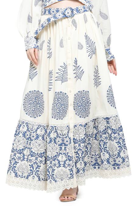 Buy_Shruti Sancheti_White Handloom Cotton, Linen Lace Acanthus Print Lapel Crop Top Skirt Set _Online_at_Aza_Fashions