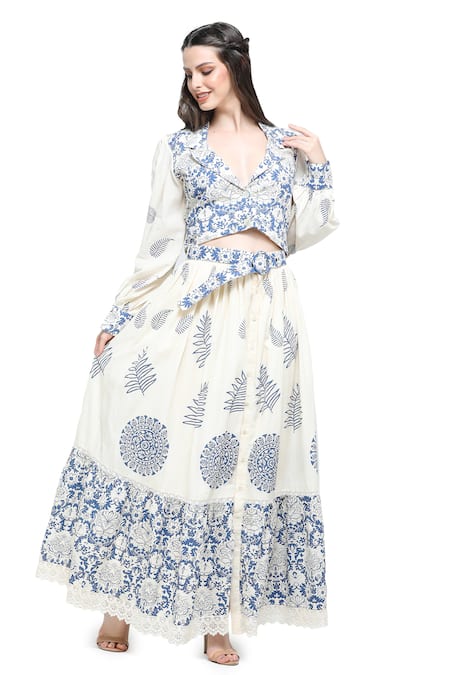 Shop_Shruti Sancheti_White Handloom Cotton, Linen Lace Acanthus Print Lapel Crop Top Skirt Set _Online_at_Aza_Fashions
