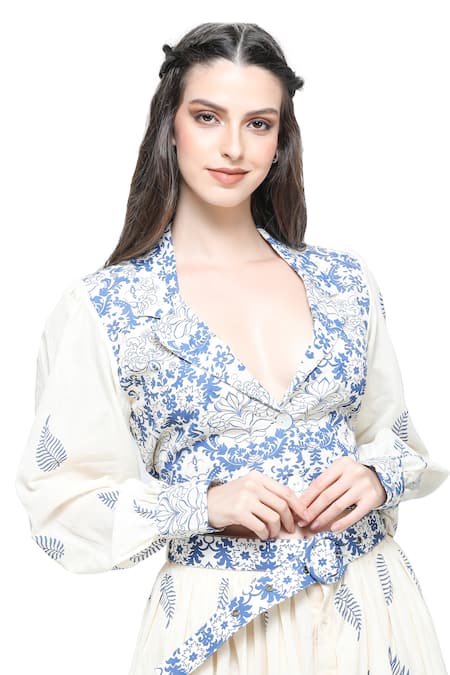 Shruti Sancheti_White Handloom Cotton, Linen Lace Acanthus Print Lapel Crop Top Skirt Set _at_Aza_Fashions