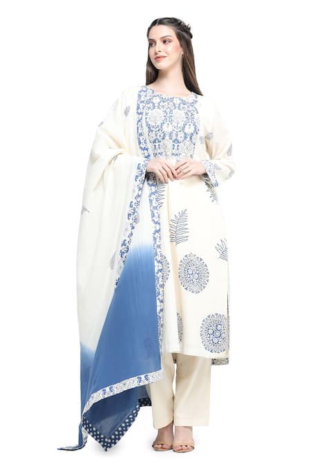 Shruti Sancheti White Handloom Cotton Print Frond Bloom Round Kurta Pant Set 