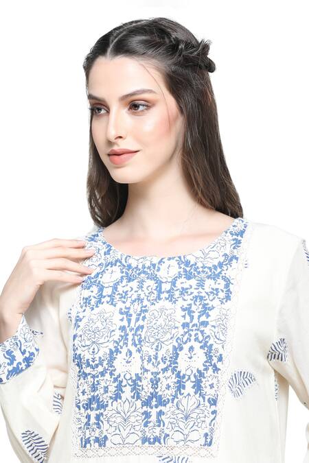 Shruti Sancheti White Handloom , Round Neck Frond Bloom Print Kurta Pant Set Online at Aza Fashions Shruti Sancheti_White Handloom , Round Neck Frond Bloom Print Kurta Pant Set _Online_at_Aza_Fashions