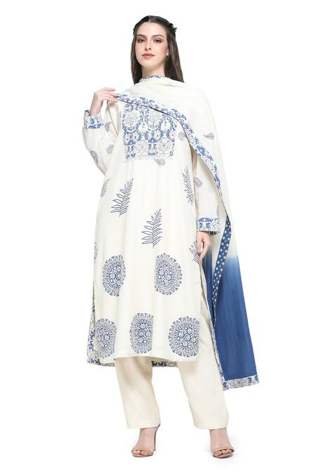 Buy Shruti Sancheti White Handloom , Round Neck Frond Bloom Print Kurta Pant Set Online at Aza Fashions Buy_Shruti Sancheti_White Handloom , Round Neck Frond Bloom Print Kurta Pant Set _Online_at_Aza_Fashions