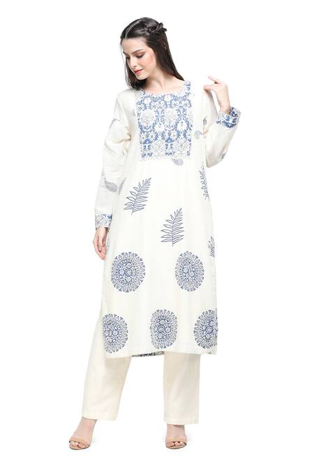 Shruti Sancheti White Handloom , Round Neck Frond Bloom Print Kurta Pant Set at Aza Fashions Shruti Sancheti_White Handloom , Round Neck Frond Bloom Print Kurta Pant Set _at_Aza_Fashions