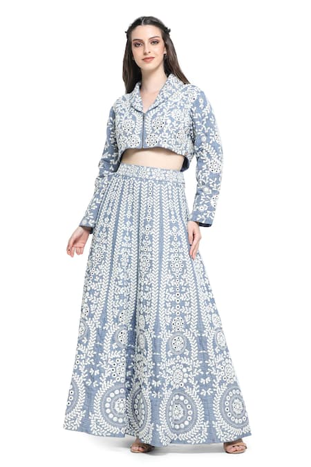 Shruti Sancheti Blue Handloom Cotton Embroidery Jasmine Mirror Crop Top With Lehenga 