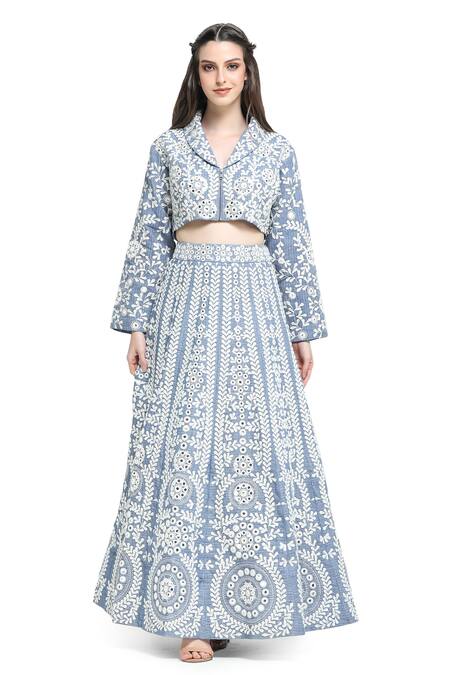 Shruti Sancheti Blue Handloom Cotton, Linen Embroidery, Jasmine Camp Crop Top With Lehenga Online at Aza Fashions Shruti Sancheti_Blue Handloom Cotton, Linen Embroidery, Jasmine Camp Crop Top With Lehenga _Online_at_Aza_Fashions