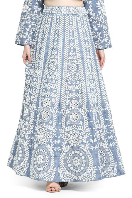 Buy Shruti Sancheti Blue Handloom Cotton, Linen Embroidery, Jasmine Camp Crop Top With Lehenga Online at Aza Fashions Buy_Shruti Sancheti_Blue Handloom Cotton, Linen Embroidery, Jasmine Camp Crop Top With Lehenga _Online_at_Aza_Fashions