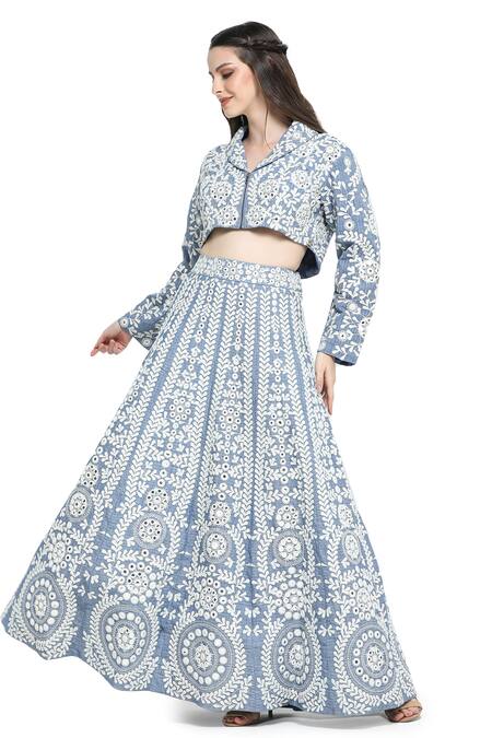 Shop Shruti Sancheti Blue Handloom Cotton, Linen Embroidery, Jasmine Camp Crop Top With Lehenga Online at Aza Fashions Shop_Shruti Sancheti_Blue Handloom Cotton, Linen Embroidery, Jasmine Camp Crop Top With Lehenga _Online_at_Aza_Fashions