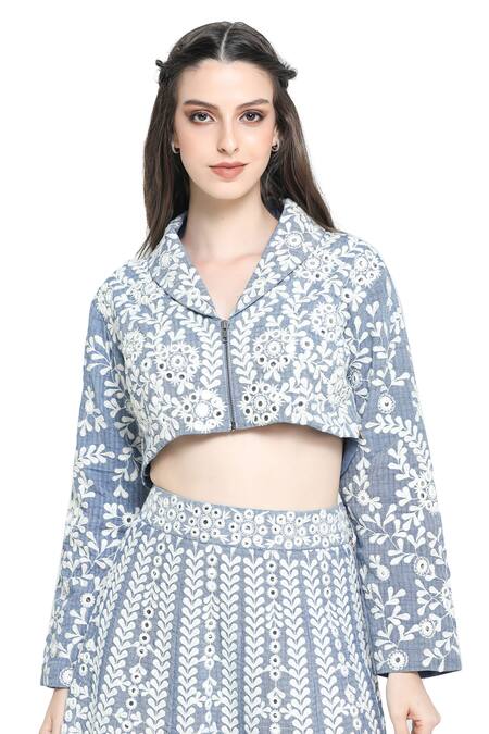 Shruti Sancheti Blue Handloom Cotton, Linen Embroidery, Jasmine Camp Crop Top With Lehenga at Aza Fashions Shruti Sancheti_Blue Handloom Cotton, Linen Embroidery, Jasmine Camp Crop Top With Lehenga _at_Aza_Fashions