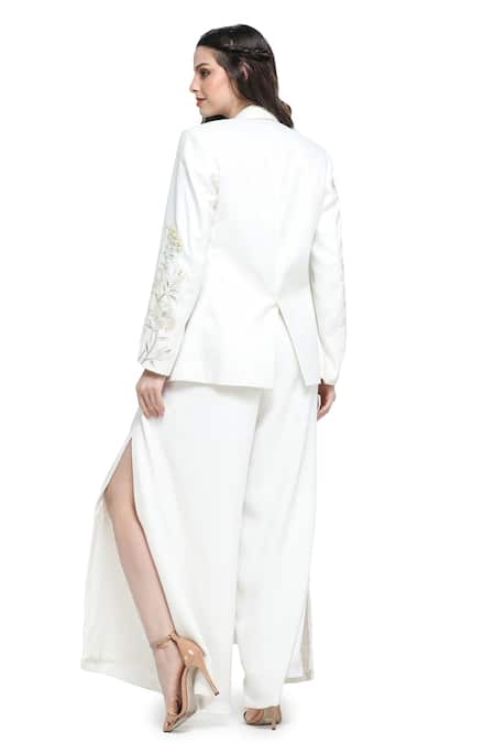 Shop Shruti Sancheti White Viscose, Twill Embroidery, Pearls Synodic Mist Blazer Jacket Palazzo Set at Aza Fashions Shop_Shruti Sancheti_White Viscose, Twill Embroidery, Pearls Synodic Mist Blazer Jacket Palazzo Set _at_Aza_Fashions