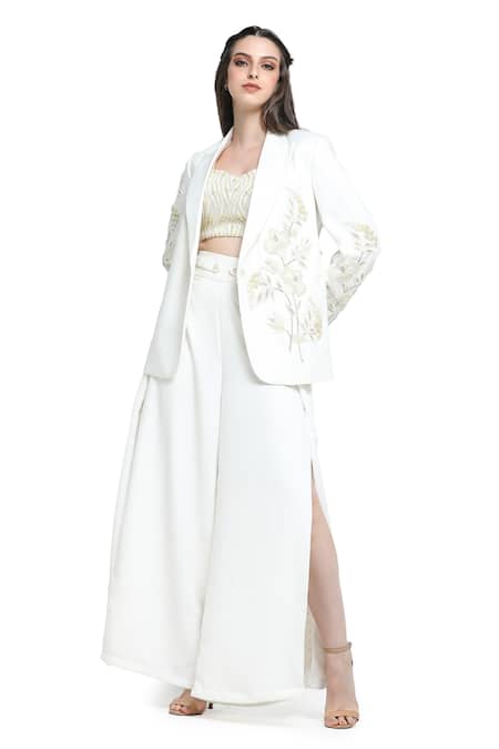 Shruti Sancheti White Viscose, Twill Embroidery, Pearls Synodic Mist Blazer Jacket Palazzo Set Online at Aza Fashions Shruti Sancheti_White Viscose, Twill Embroidery, Pearls Synodic Mist Blazer Jacket Palazzo Set _Online_at_Aza_Fashions