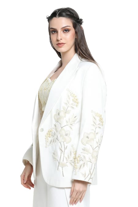 Shop Shruti Sancheti White Viscose, Twill Embroidery, Pearls Synodic Mist Blazer Jacket Palazzo Set Online at Aza Fashions Shop_Shruti Sancheti_White Viscose, Twill Embroidery, Pearls Synodic Mist Blazer Jacket Palazzo Set _Online_at_Aza_Fashions