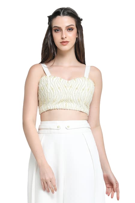 Buy Shruti Sancheti White Viscose, Twill Embroidery, Pearls Synodic Mist Blazer Jacket Palazzo Set Buy_Shruti Sancheti_White Viscose, Twill Embroidery, Pearls Synodic Mist Blazer Jacket Palazzo Set