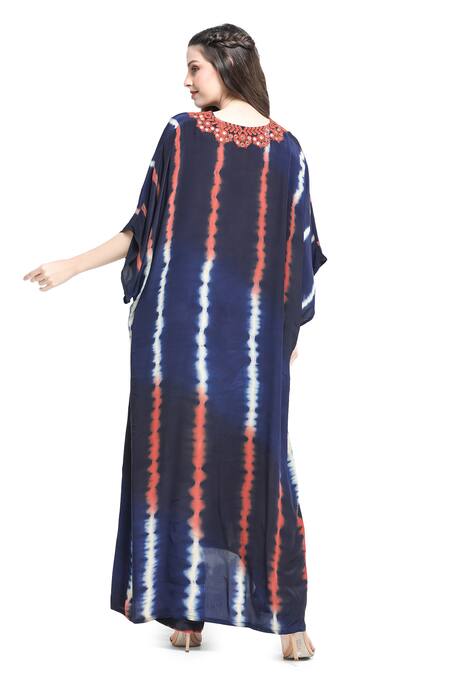 Shop Shruti Sancheti Blue Viscose, Crepe, Linen Mirrors V-neck Leheriya Tie Dye Kaftan With Pant at Aza Fashions Shop_Shruti Sancheti_Blue Viscose, Crepe, Linen Mirrors V-neck Leheriya Tie Dye Kaftan With Pant _at_Aza_Fashions