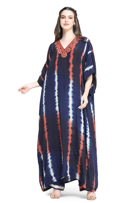 Shruti Sancheti Blue Viscose, Crepe, Linen Mirrors V-neck Leheriya Tie Dye Kaftan With Pant Online at Aza Fashions Shruti Sancheti_Blue Viscose, Crepe, Linen Mirrors V-neck Leheriya Tie Dye Kaftan With Pant _Online_at_Aza_Fashions