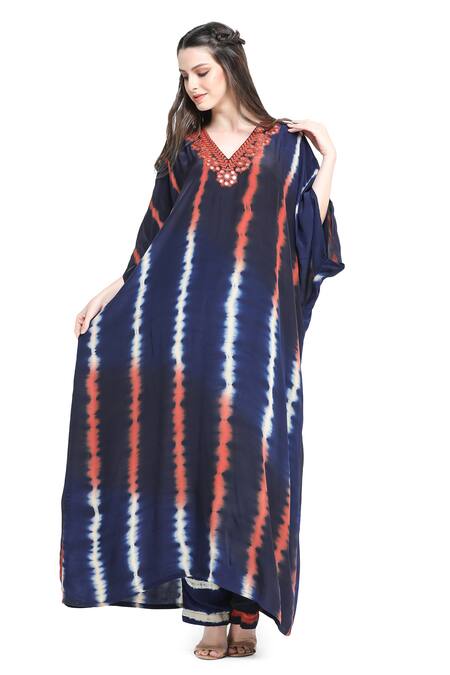 Buy Shruti Sancheti Blue Viscose, Crepe, Linen Mirrors V-neck Leheriya Tie Dye Kaftan With Pant Online at Aza Fashions Buy_Shruti Sancheti_Blue Viscose, Crepe, Linen Mirrors V-neck Leheriya Tie Dye Kaftan With Pant _Online_at_Aza_Fashions