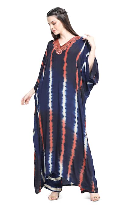 Shop Shruti Sancheti Blue Viscose, Crepe, Linen Mirrors V-neck Leheriya Tie Dye Kaftan With Pant Online at Aza Fashions Shop_Shruti Sancheti_Blue Viscose, Crepe, Linen Mirrors V-neck Leheriya Tie Dye Kaftan With Pant _Online_at_Aza_Fashions
