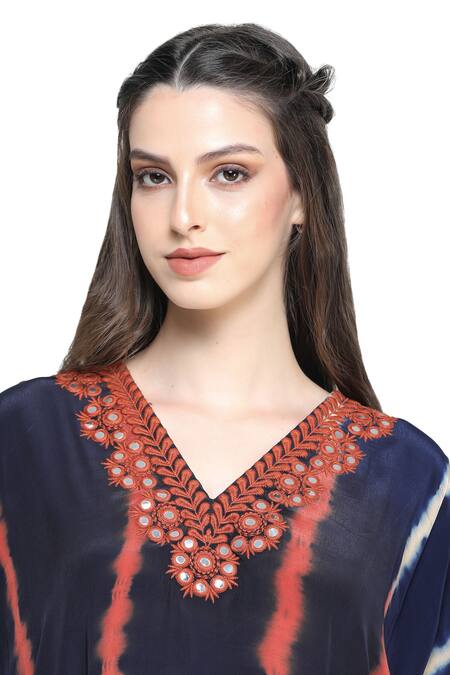 Shruti Sancheti Blue Viscose, Crepe, Linen Mirrors V-neck Leheriya Tie Dye Kaftan With Pant at Aza Fashions Shruti Sancheti_Blue Viscose, Crepe, Linen Mirrors V-neck Leheriya Tie Dye Kaftan With Pant _at_Aza_Fashions