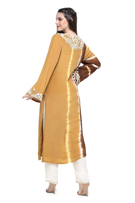 Shop Shruti Sancheti Brown Viscose, Crepe Pearls, Embroidery Leheriya Tie Dye Yoke Kurta Pant Set at Aza Fashions Shop_Shruti Sancheti_Brown Viscose, Crepe Pearls, Embroidery Leheriya Tie Dye Yoke Kurta Pant Set _at_Aza_Fashions