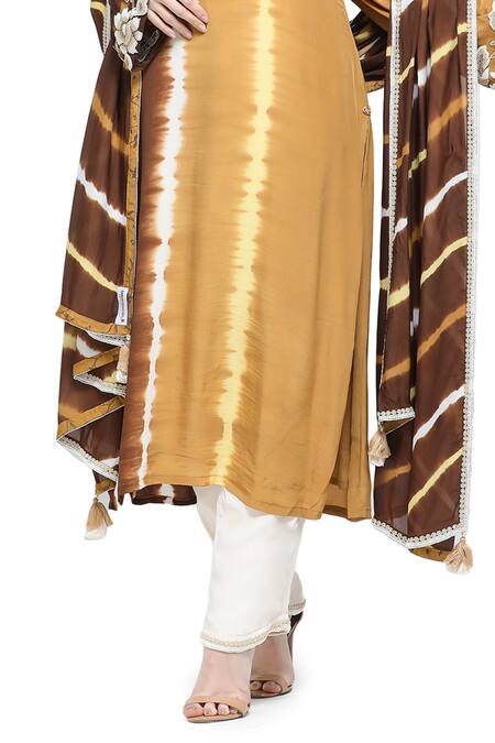 Shruti Sancheti Brown Viscose, Crepe Pearls, Embroidery Leheriya Tie Dye Yoke Kurta Pant Set Online at Aza Fashions Shruti Sancheti_Brown Viscose, Crepe Pearls, Embroidery Leheriya Tie Dye Yoke Kurta Pant Set _Online_at_Aza_Fashions