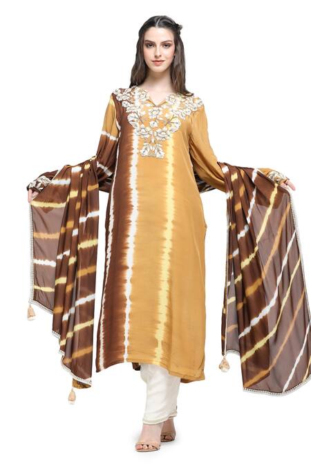 Buy Shruti Sancheti Brown Viscose, Crepe Pearls, Embroidery Leheriya Tie Dye Yoke Kurta Pant Set Online at Aza Fashions Buy_Shruti Sancheti_Brown Viscose, Crepe Pearls, Embroidery Leheriya Tie Dye Yoke Kurta Pant Set _Online_at_Aza_Fashions