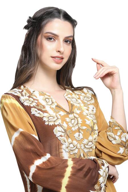 Shop Shruti Sancheti Brown Viscose, Crepe Pearls, Embroidery Leheriya Tie Dye Yoke Kurta Pant Set Online at Aza Fashions Shop_Shruti Sancheti_Brown Viscose, Crepe Pearls, Embroidery Leheriya Tie Dye Yoke Kurta Pant Set _Online_at_Aza_Fashions