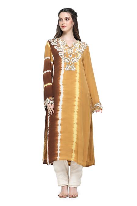 Shruti Sancheti Brown Viscose, Crepe Pearls, Embroidery Leheriya Tie Dye Yoke Kurta Pant Set at Aza Fashions Shruti Sancheti_Brown Viscose, Crepe Pearls, Embroidery Leheriya Tie Dye Yoke Kurta Pant Set _at_Aza_Fashions