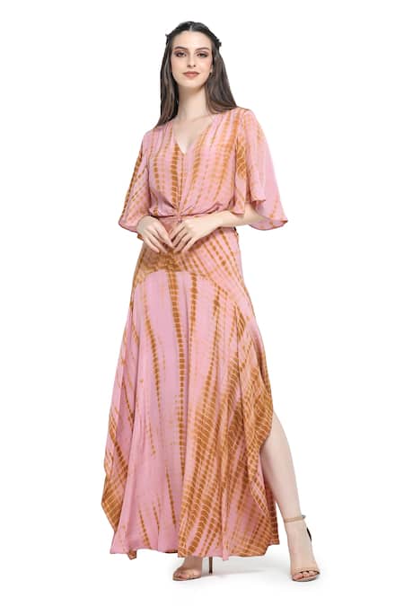Shruti Sancheti Pink Viscose Crepe Shibori Tie Dye V Neck Pattern Maxi Dress 
