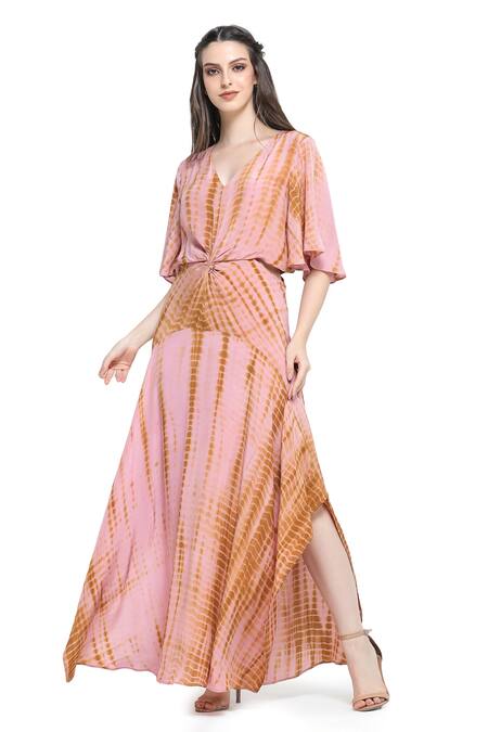 Shruti Sancheti_Pink Viscose, Crepe, Linen V-neck Shibori Tie Dye Pattern Maxi Dress_Online_at_Aza_Fashions