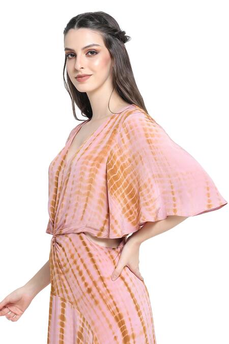 Buy_Shruti Sancheti_Pink Viscose, Crepe, Linen V-neck Shibori Tie Dye Pattern Maxi Dress_Online_at_Aza_Fashions
