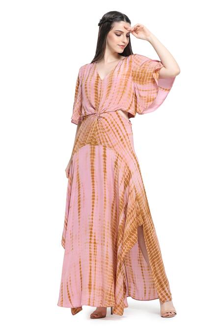 Shop_Shruti Sancheti_Pink Viscose, Crepe, Linen V-neck Shibori Tie Dye Pattern Maxi Dress_Online_at_Aza_Fashions