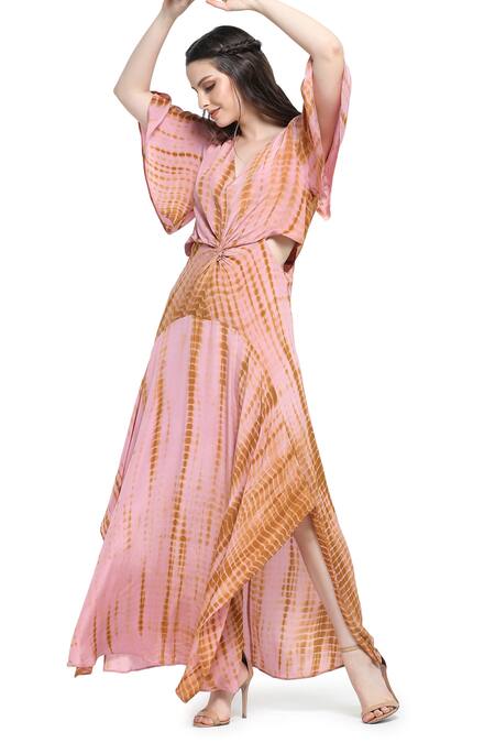 Shruti Sancheti_Pink Viscose, Crepe, Linen V-neck Shibori Tie Dye Pattern Maxi Dress_at_Aza_Fashions