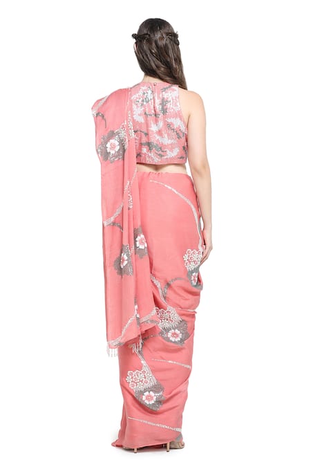 Shop Shruti Sancheti Peach Chiffon Sequins Halter Neck Zinnia Embroidered Saree With Blouse at Aza Fashions Shop_Shruti Sancheti_Peach Chiffon Sequins Halter Neck Zinnia Embroidered Saree With Blouse _at_Aza_Fashions