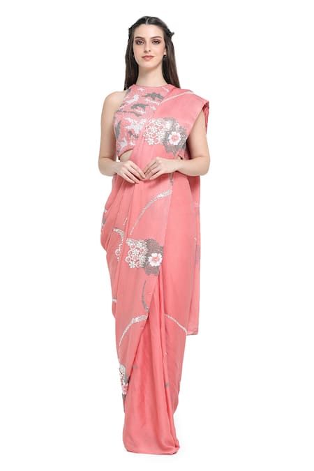Shruti Sancheti Peach Chiffon Sequins Halter Neck Zinnia Embroidered Saree With Blouse Online at Aza Fashions Shruti Sancheti_Peach Chiffon Sequins Halter Neck Zinnia Embroidered Saree With Blouse _Online_at_Aza_Fashions