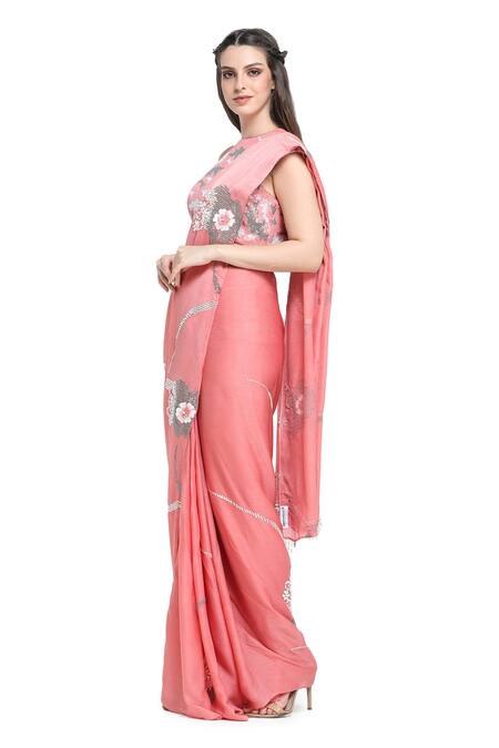 Shop Shruti Sancheti Peach Chiffon Sequins Halter Neck Zinnia Embroidered Saree With Blouse Online at Aza Fashions Shop_Shruti Sancheti_Peach Chiffon Sequins Halter Neck Zinnia Embroidered Saree With Blouse _Online_at_Aza_Fashions