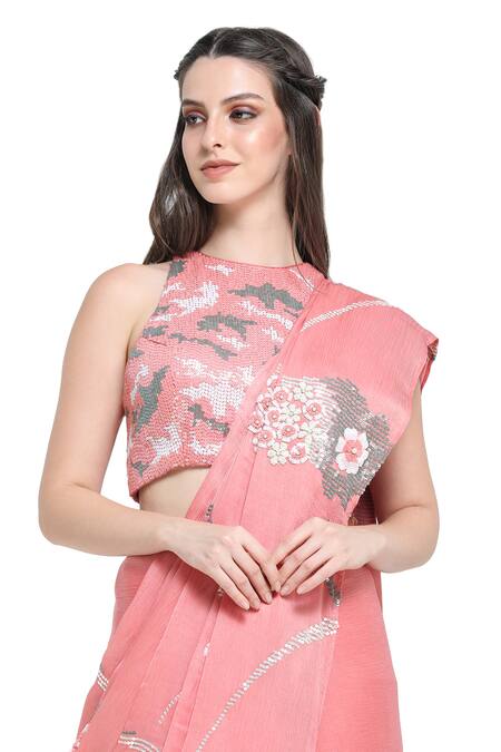 Shruti Sancheti Peach Chiffon Sequins Halter Neck Zinnia Embroidered Saree With Blouse at Aza Fashions Shruti Sancheti_Peach Chiffon Sequins Halter Neck Zinnia Embroidered Saree With Blouse _at_Aza_Fashions