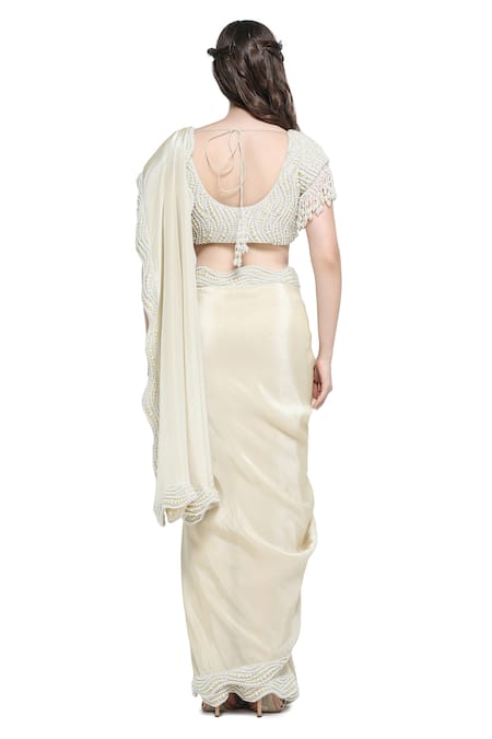 Shop Shruti Sancheti Off White Organza Pearls Swish Embellished Border Saree With Encrusted Blouse at Aza Fashions Shop_Shruti Sancheti_Off White Organza Pearls Swish Embellished Border Saree With Encrusted Blouse _at_Aza_Fashions